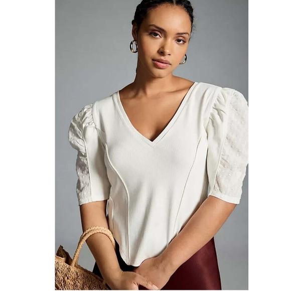 By Anthropologie Puff-Sleeve Structured V-Neck Tee Blouse Top in White Size LG - Picture 1 of 12